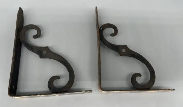 2 Antique Cast Iron Metal Shelf Brackets 8" X 6"