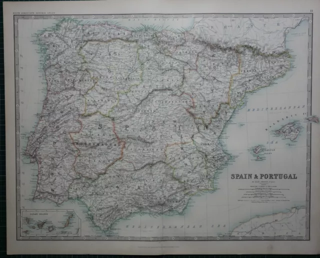 1887 Large Victorian Map ~ Spain & Portugal ~ Canary Islands Balearic