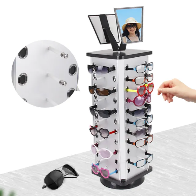 360 Rotating Sunglass Display Rack Metal Glasses Stand Holder 44 Pairs & Mirror