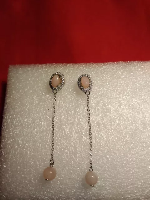 Sterling Silver 925 Post Dangle/Drop Earrings Clear CZ and Rose Quartz EUC