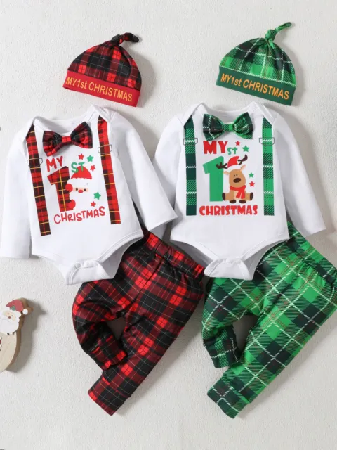 Baby Girls Boys Bodysuit Set 3Pcs Romper Long Sleeve Christmas Outfit Shirt
