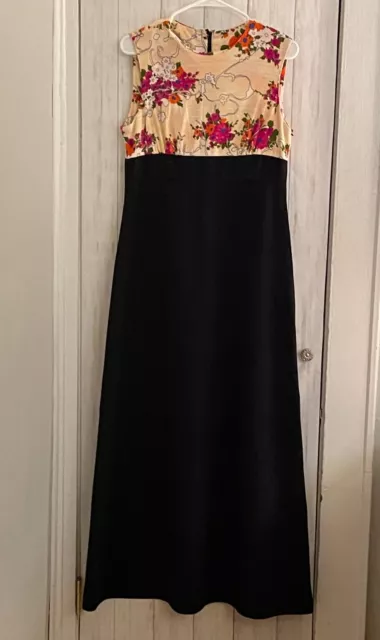 VTG 1970s Floral Sleeveless Top Solid Black Skirt Empire Waist Maxi Dress 15/16