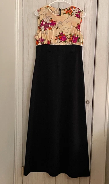 VTG 1970s Floral Sleeveless Top Solid Black Skirt Empire Waist Maxi Dress 15/16