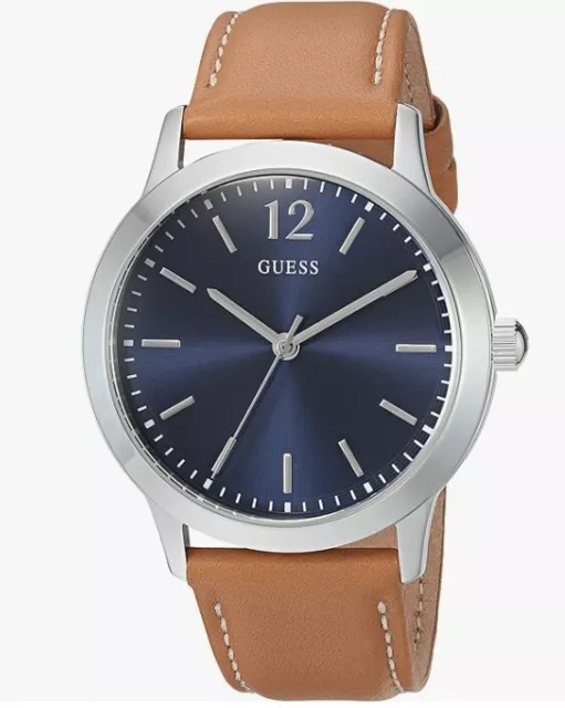 Guess Navy Blue Dial Brown Genuine Leather Strap 39mm Men's Watch U0922G8