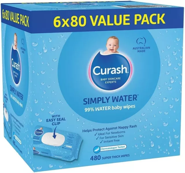 Curash Simply Water Baby Wet Wipes Pack of 480 (6 x 80) wipes-Free shipping AU|