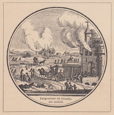 1890 xilografia d'epoca B7498 Francia Emigrazione ed incendio dei Castelli 