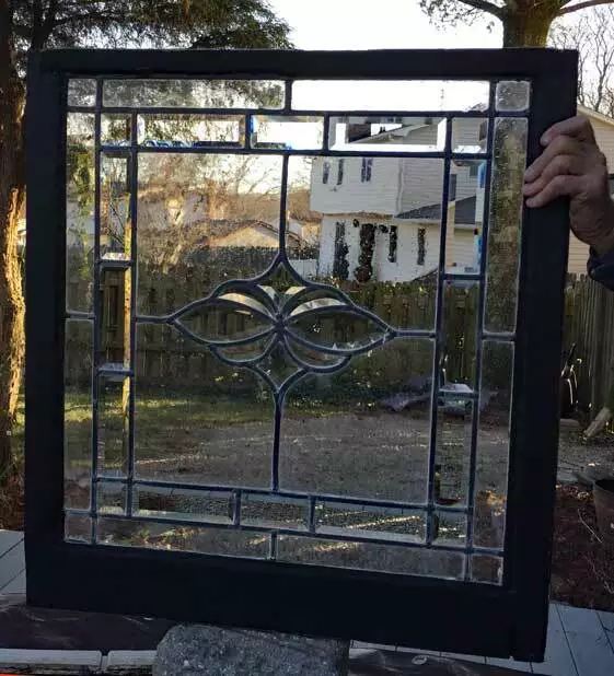 Antique BEVELED LEADED GLASS WINDOW W/ HANDBLOWN SEEDED GLASS