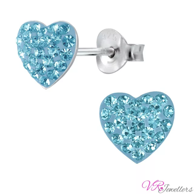 925 Crystal Heart Earrings Sterling Silver Stud Womens Aqua Earrings + Box