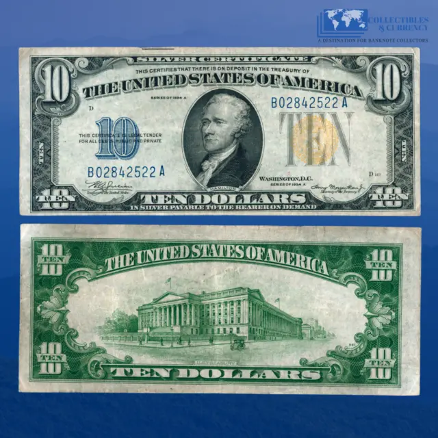 Fr.2309 1934A $10 Silver Certificate Yellow Seal "North Africa", VF+ #42522