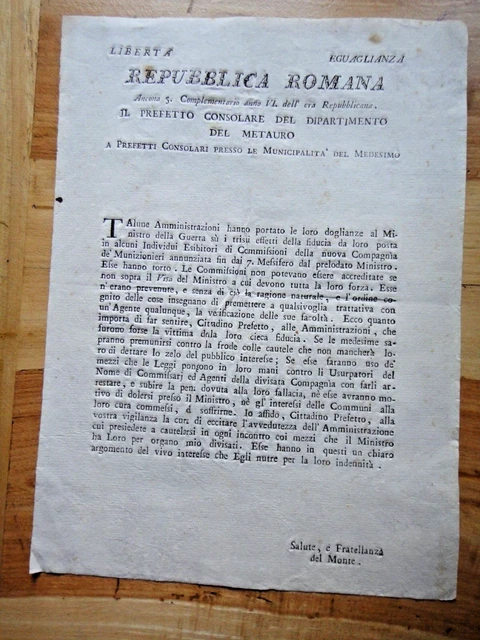 1798-REPUBBLICA ROMANA-Prefetto Consolare del Dipartimento del Metauro-ANCONA+