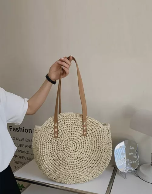 Sac A Bandoulière En Paille Rond Beige Simili Cuir Marron Femme Zippé Sac A Main