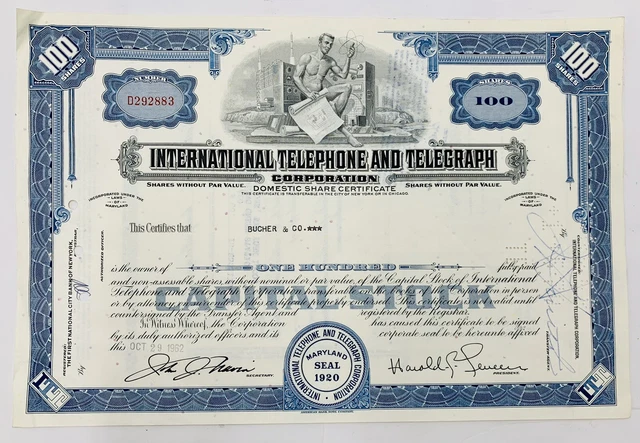 International Telephone and Telegraph Corporation Stock Certificate 1962