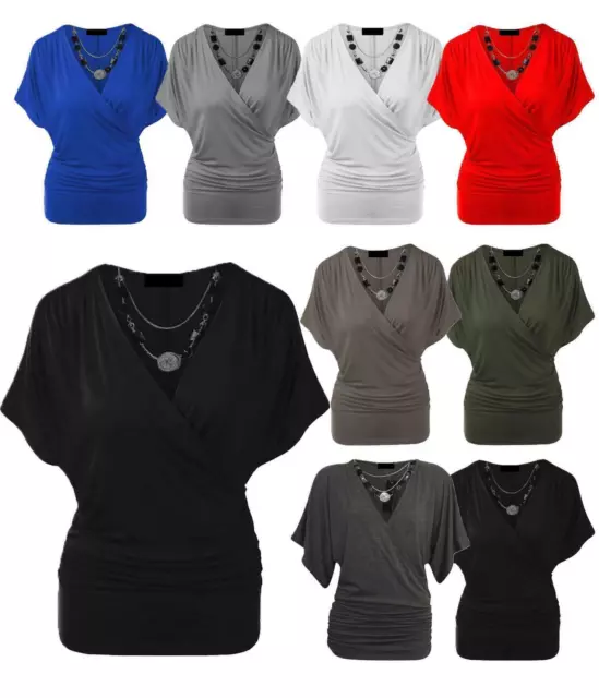 Womens Frill Necklace Gypsy Tunic Ladies Plus Size Short Sleeve Long V Neck Tops