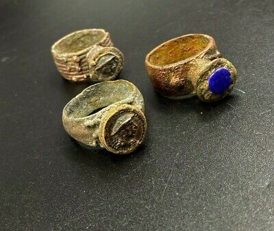 Lot Old Jewelry Ancient Indo Greek Antiquity Bronze Ring Silver Stamp Lapis