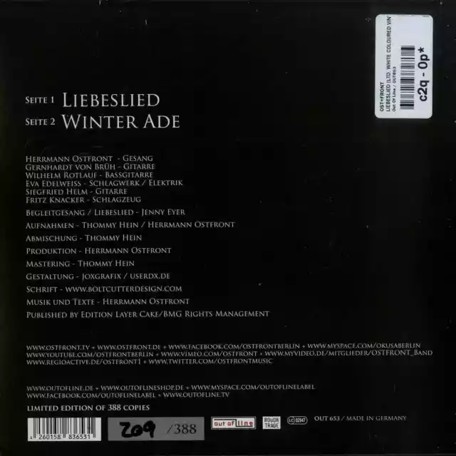 Ost+Front / LIEBESLIED (LTD. WHITE COLOURED VINYL)(7 INCH) / Out Of Line / OUT6 2