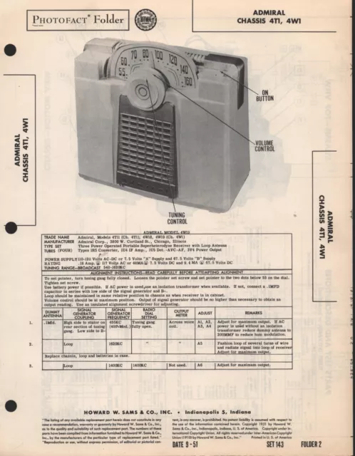 ADMIRAL - PORTABLE Radio - Chassis: 4TI, 4W1 - Photo Fact Folder - 1951 ...