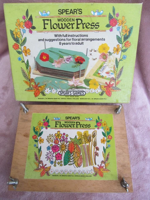 Prensa de flores de madera Spear's instrucciones artísticas artesanales vintage retro 1982 completa