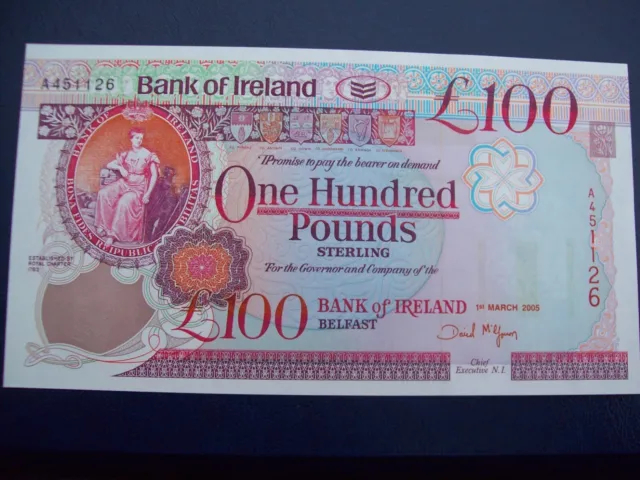 Bank of Ireland: 2005 One Uncirculated A451126 £100 Banknote