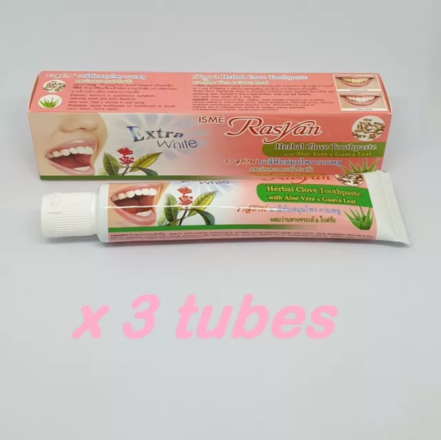 3 x 30 g ISME Rasyan Herbal Clove Aloe Vera & Guava Leaf Toothpaste Thailand