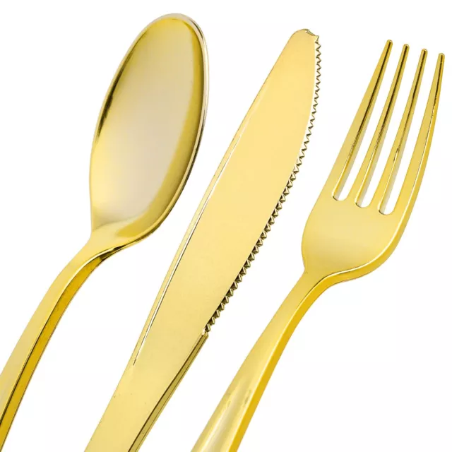 Juego de cubiertos de plástico dorado - paquete de fiesta 120 (40 cucharas, 40 tenedores, 40 cuchillos) 2