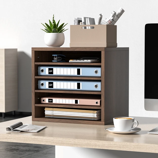 Giugio Organisateur De Bureau En Bois 5 Compartiments Amovibles - Blanc Et Marron