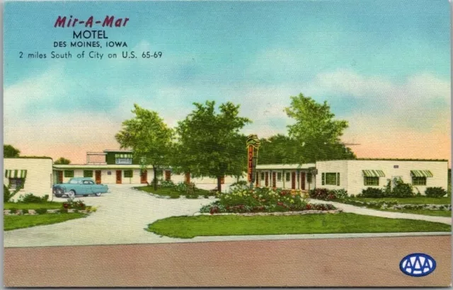 DES MOINES, Iowa Postcard MIR-A-MAR MOTEL Highway 69 Roadside Linen 1950s Unused