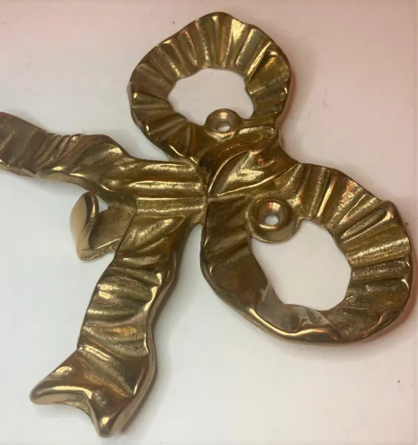 Vtg Salvage Heavy Brass Ribbon Bow Wall Coat Hanger Hook Picture Holder 4.5" W 3