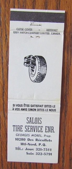 Salois Tires Matchbook Cover: George Morel Montreal-Nord, Quebec Matchcover -D2