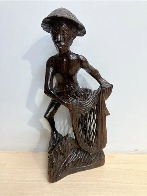 Hand Carved Wooden Chinese Fisherman Sculpture Figure Ornament (9.5” 24cm Tall)