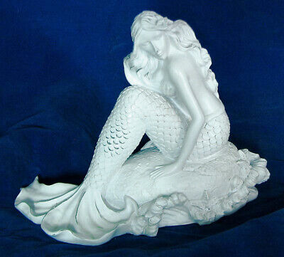 Mermaid Sitting on Rock Antiqued-White Resin Statue Figurine Nautical Decor 8"L