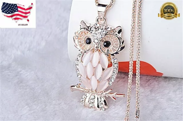 Jewelry Crystal Opal Owl Pendant Chain Gold Necklace Lab-Created Silver Plated