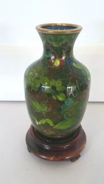 Chinese Vintage Stunning Cloisonne Green Vase-Floral Pattern + Rosewood Stand