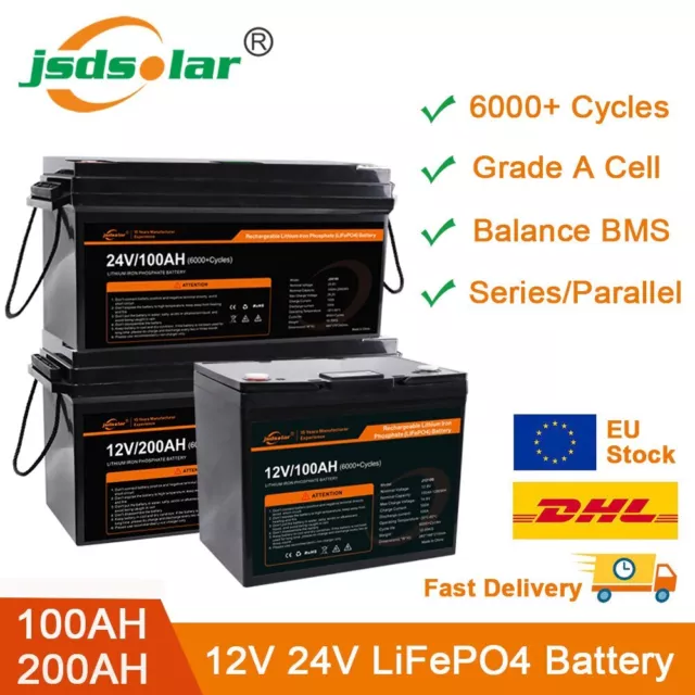 JSDSOLAR 12V 24V 100Ah 200Ah LiFePO4 Akku BMS Lithium Batterie Solar Wohnmobile