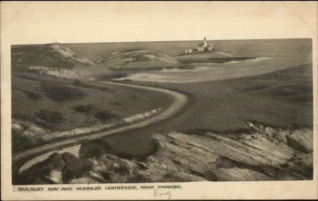 Bracelet Bay & Mumbles Lighthouse Near Swansea Lighthouse c1915 Postcard