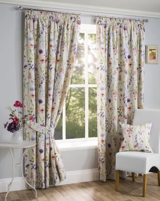 Multi Hampshire Floral Meadow Printed Lined Tape Top Pencil Pleat Curtains Pair