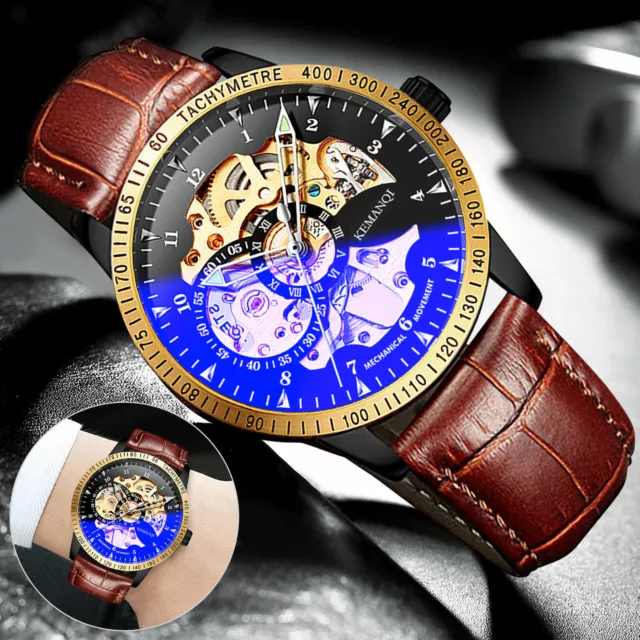 Luxury Gold Tone Skeleton Men's Stainless Steel Automatic Mechanical Wrist Watch