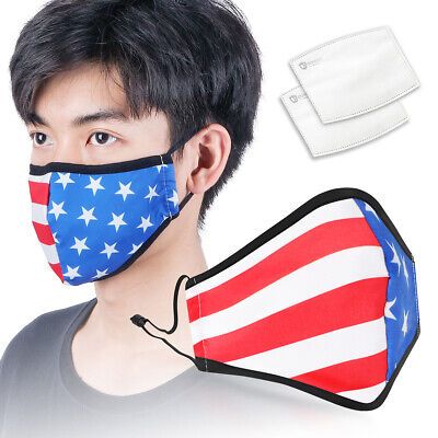 [Washable & Reusable] AMERICA FLAG Cotton Face Mask Mouth Cover w/ 3-Ply Filters