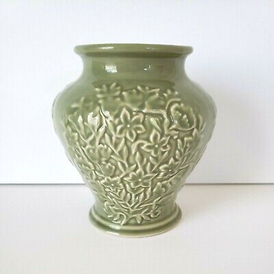 Longaberger Pottery Celadon Green Floral Vase Embossed Flowers 5"