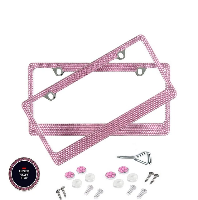 Pink Frame 2pcs Bling 7 Rows PINK Crystal Metal License Plate For Hyundai