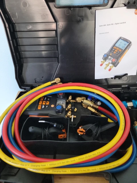 Testo 550 Digital Manifold Kit Refrigeration Meter Clamp Probes & Hose set Ball Testo 550 Digital Manifold Kit Refrigeration Meter Clamp Probes & Hose set Ball