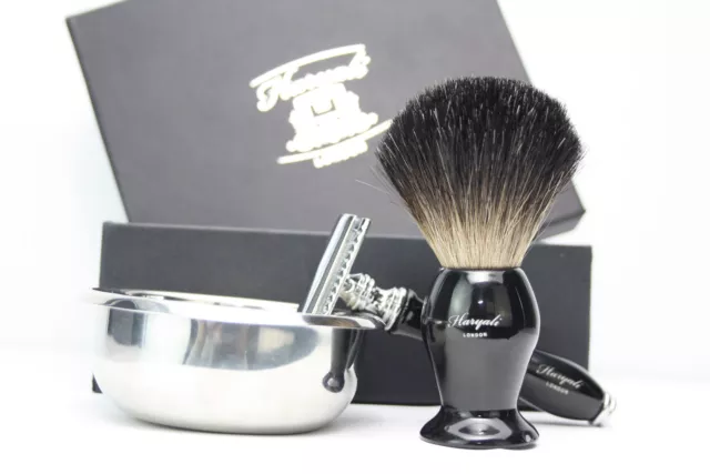 3 Pcs Shaving Gift Set DE Safety Razor Shave Bowl and Badger Hair Brush HARYALI