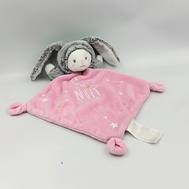 Doudou plat phosphorescent lapin ours gris rose blanc étoiles Douce nuit MOTS D'