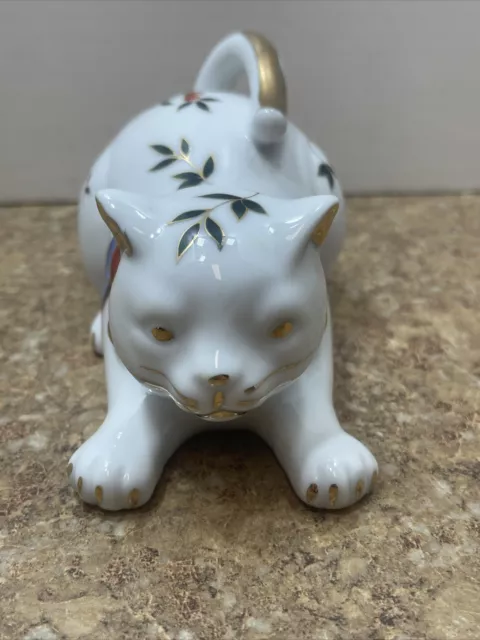 Vintage Ceramic Porcelain Cat Action Japan Handpainted Butterflys Gold Accents