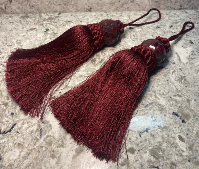 Pair of Maroon Large Tassel Curtain Tie Backs Elegant Mosaic Glass Top- RARE SET