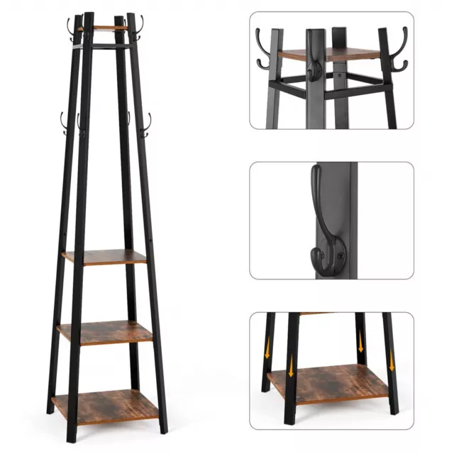 Hall Tree Entryway Tower Coat Rack Stand with Storage Shelf  8 Hook Clothes Rail