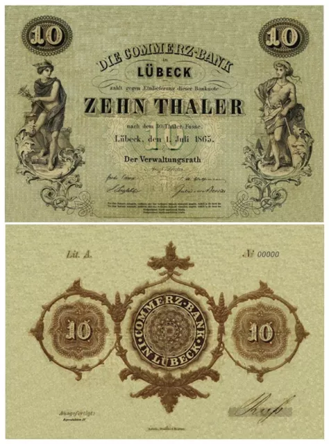 Zehn Thaler, 10 Thaler, Die Commerz-Bank in Lübeck, 1865, Reproduktion 