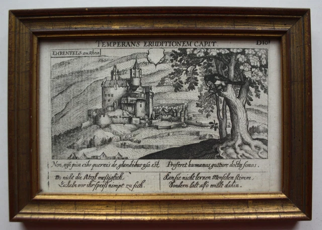 1630 Castillo Ehrenfels Rüdesheim Hessen Grabado Meisner Enmarcado Marco