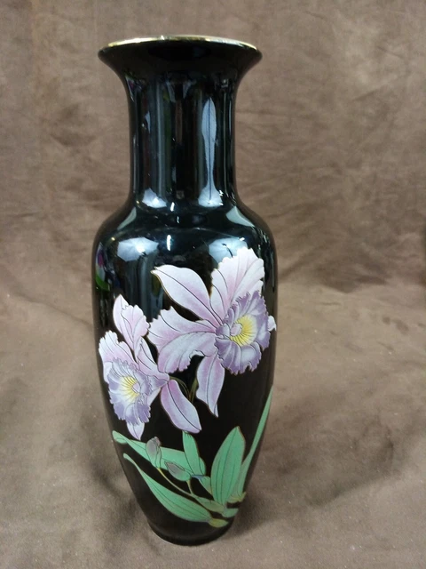 Japanese Vase Black Pink Flowers Green Leaves Gold Highlights 27cm Tall