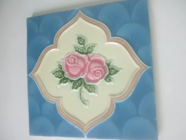 1 Antique Tile Art Nouveau Majolica Porcelain Floral H & R Johnson England Old