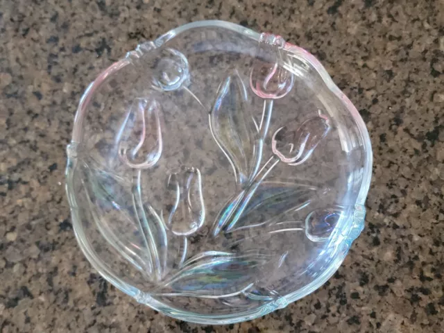 Mikasa Tivoli Crystal Tulips Clear Blue Green Pink 7" Candy Dish/plate